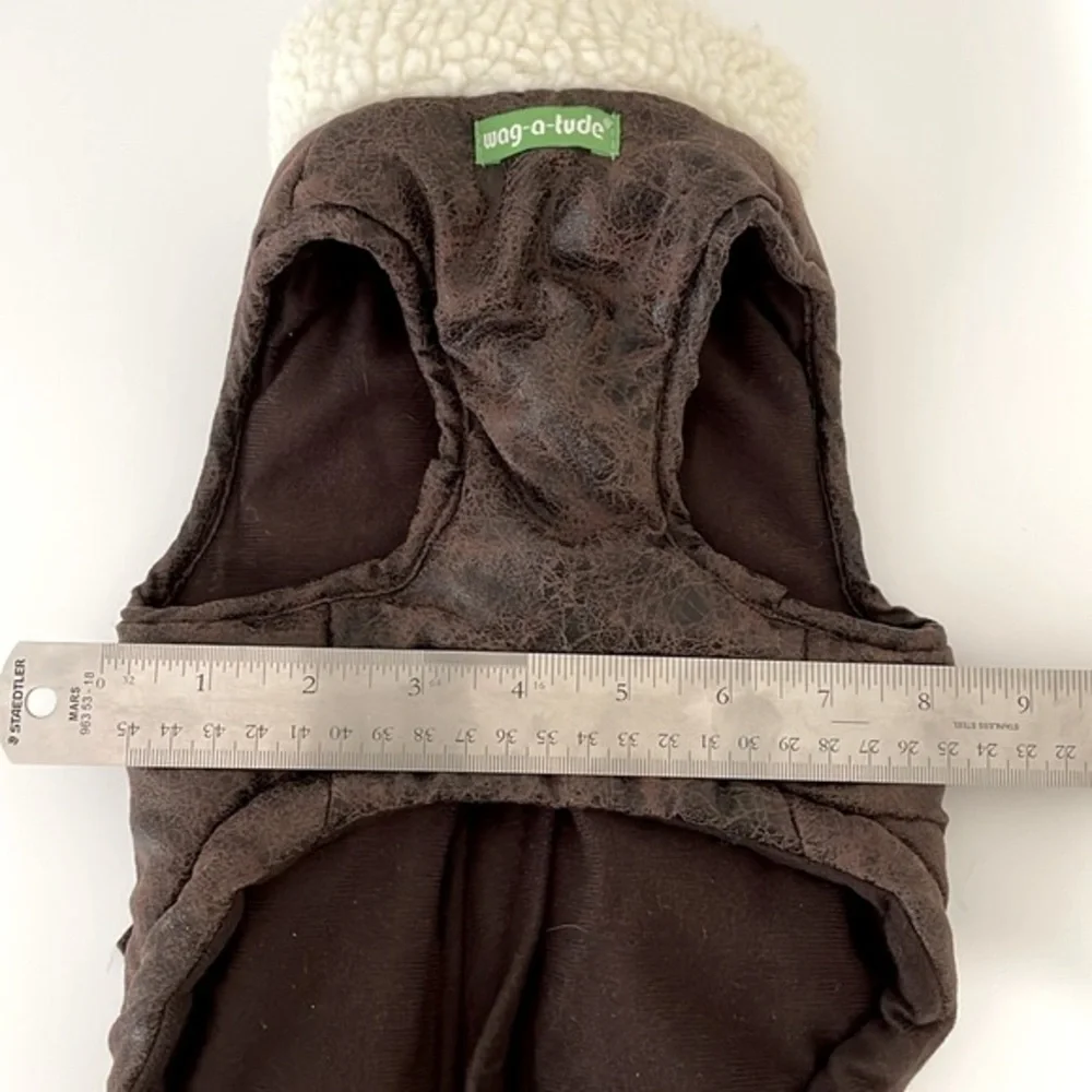 Wag-a-Tude‎ brown faux leather bomber dog jacket with Sherpa trim. Size Small.